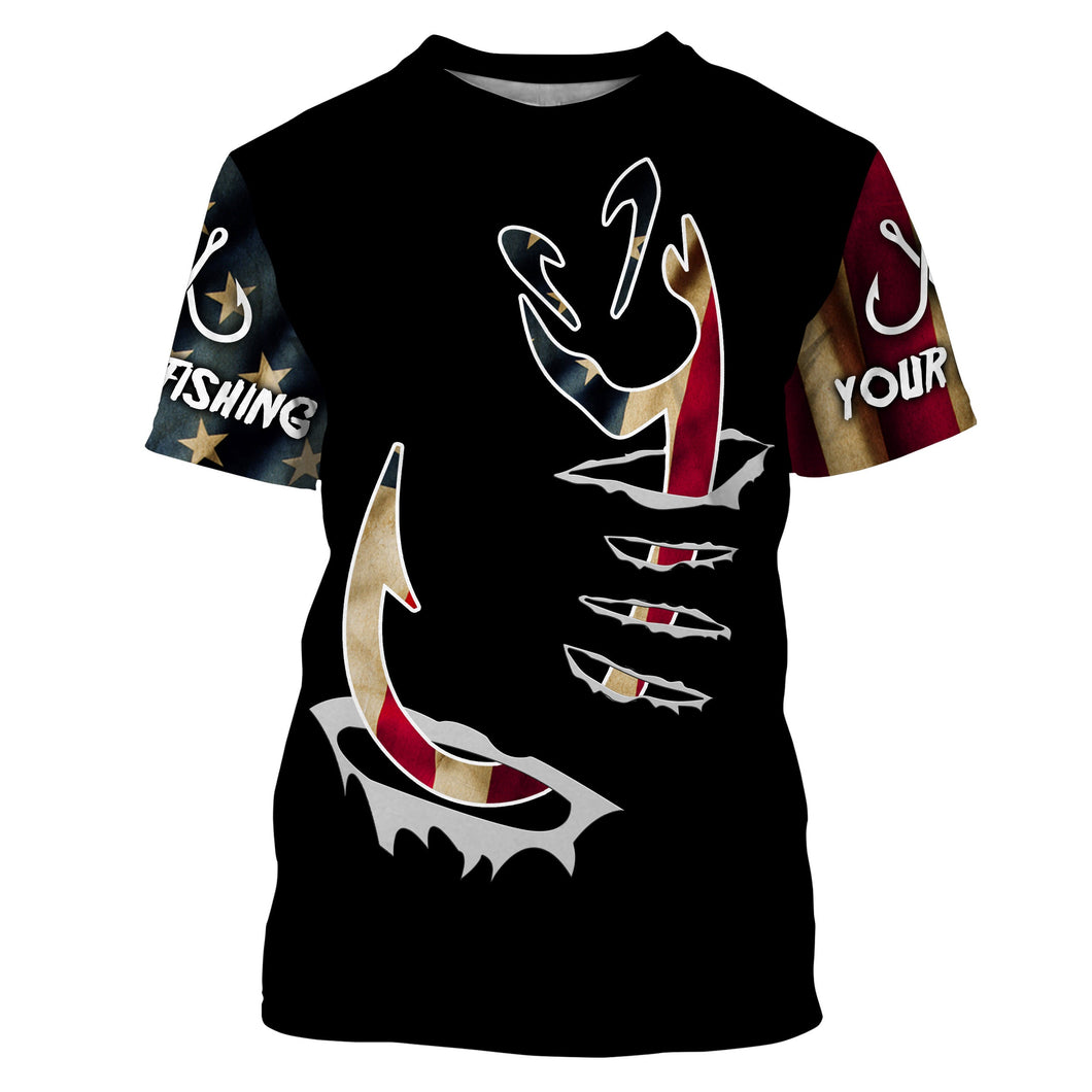 Fishing Hook 3D Retro American flag Tournament Fishing Shirt UPF30+, Personalized Fishing Gifts FSD3005