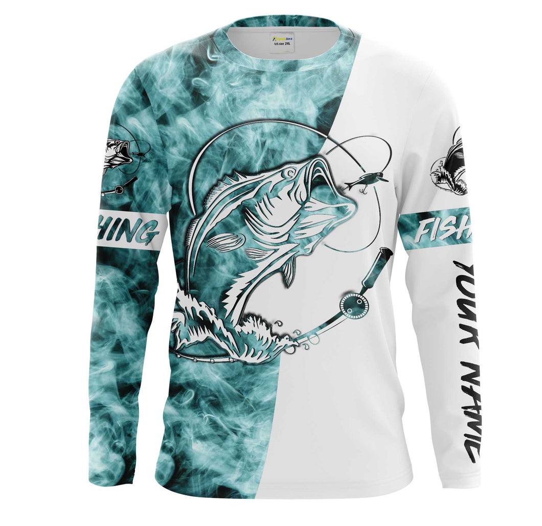 Bass Fishing Blue Smoke 3D Custom Name Sun/UV Protection Shirts For Fisherman Personalized Fishing Gifts FSD2038