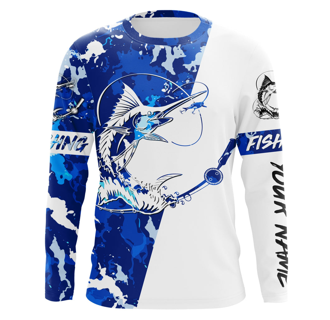 Sailfish Fishing blue sea camouflage custom Name UV Protection Shirts, Sailfish Fishing Jerseys FSD3303