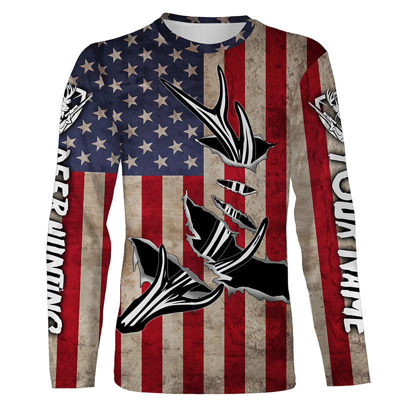Personalized Deer Hunting American Flag Shirts Customize Name 3D Deer Antler All Over Printed Shirts FSD3398