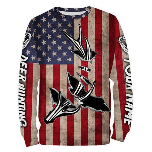 Personalized Deer Hunting American Flag Shirts Customize Name 3D Deer Antler All Over Printed Shirts FSD3398