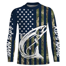 Load image into Gallery viewer, Chinook Salmon Fishing American Flag Camo custom performance fishing shirt for Men, Women, Youth/Kids FSD3554