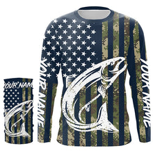 Load image into Gallery viewer, Chinook Salmon Fishing American Flag Camo custom performance fishing shirt for Men, Women, Youth/Kids FSD3554