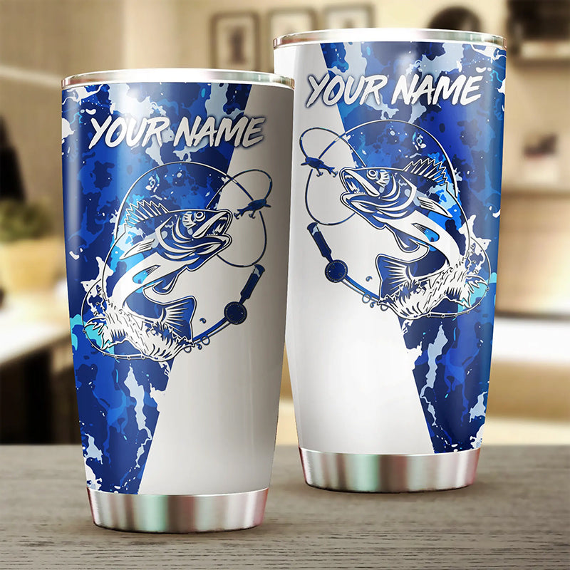Walleye Fishing Blue Sea camo Customize Name Stainless Steel Tumbler Cup, Fishing gifts FSD3575