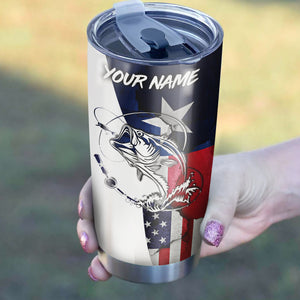 1pc Bass Fishing TX and USA flag Custom Name Stainless Steel Fishing Tumbler Cup - Patriotic Fishing Gifts FSD3195