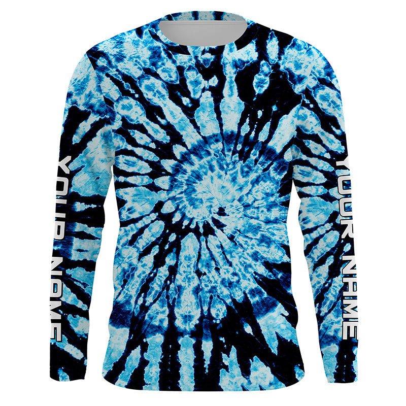 Custom spiral black and blue Tie Dye long sleeve Shirts, Performance UV protection Fishing shirt FSD3367