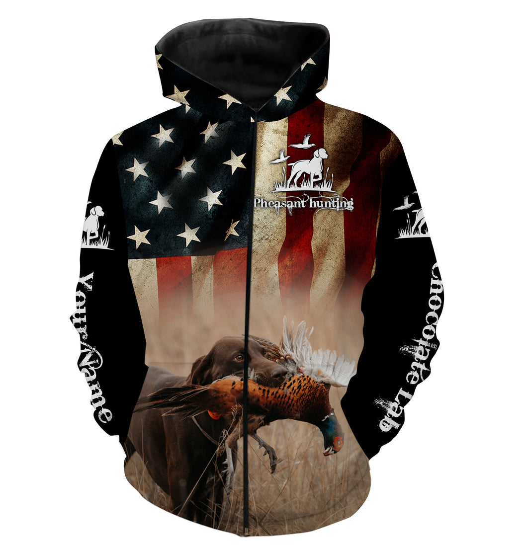 Pheasant Hunting with Chocolate Labrador American flag All over printed Shirts, Lab hunting shirt FSD3560