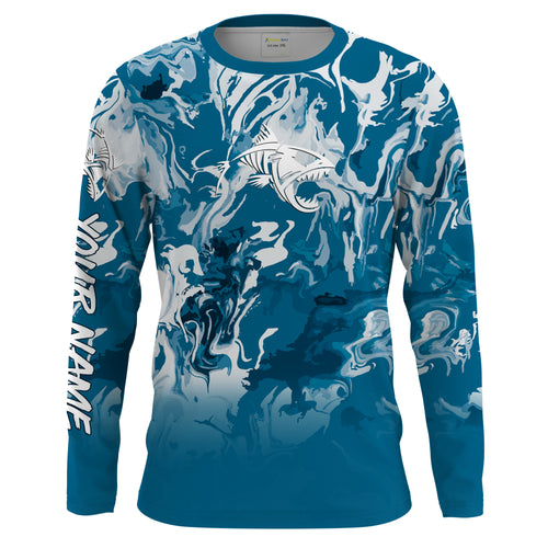Fish Skeleton Sea waves Camo Long Sleeve Tshirt Performance Fishing Shirts with UV Protection - Personalized Fishing Gifts FSD2231