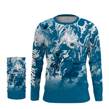 Fish Skeleton Sea waves Camo Long Sleeve Tshirt Performance Fishing Shirts with UV Protection - Personalized Fishing Gifts FSD2231