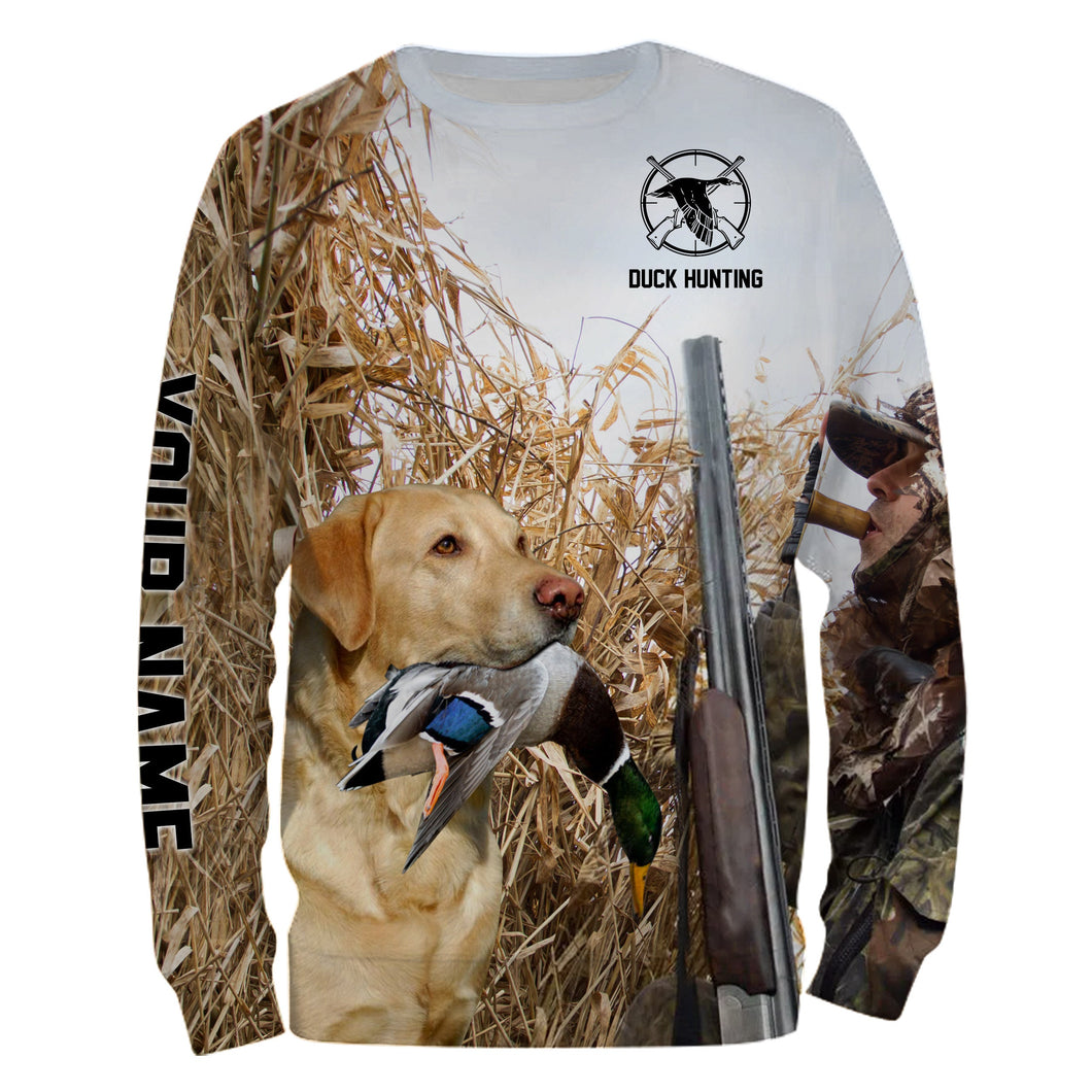 Duck hunting with Dog Yellow Lab Custom Name All over print Shirt, Duck hunting gifts FSD4008