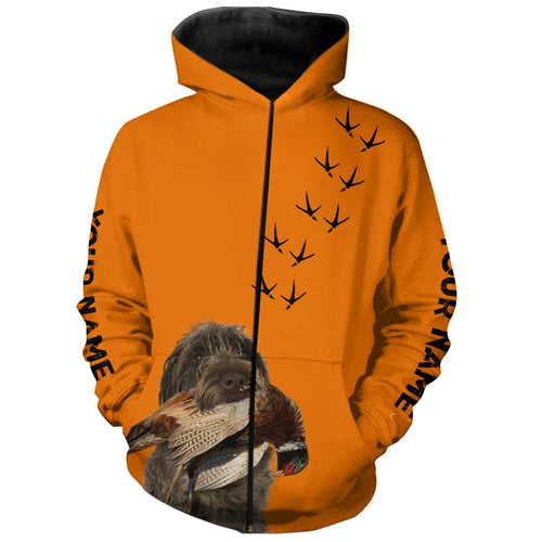 Wirehaired Pointing Griffon Dog Pheasant Hunting Blaze Orange custom Name Hunting Hoodie, T-shirt FSD3974