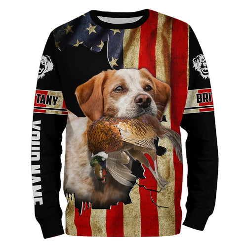 Brittany Bird dog Hunting Pheasant American flag Custom Name Shirts, gifts for hunting dog owners FSD3800