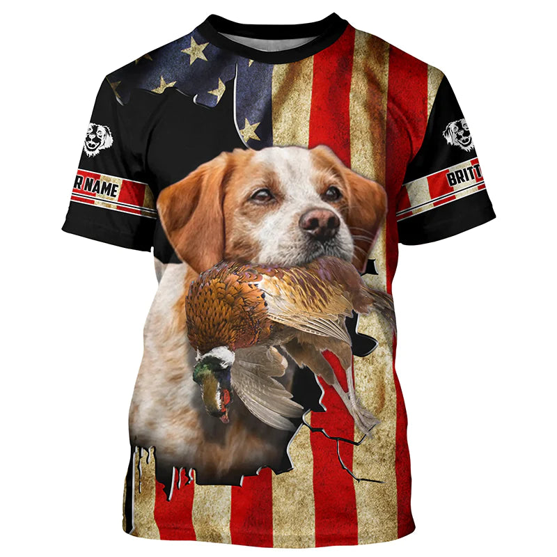 Brittany Bird dog Hunting Pheasant American flag Custom Name Shirts, gifts for hunting dog owners FSD3800