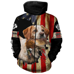 Brittany Bird dog Hunting Pheasant American flag Custom Name Shirts, gifts for hunting dog owners FSD3800
