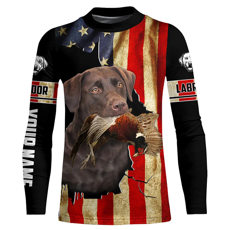 Bird Dog Labs Chocolate Labrador Pheasant hunting American flag Custom Name Shirts, Hoodie FSD3803