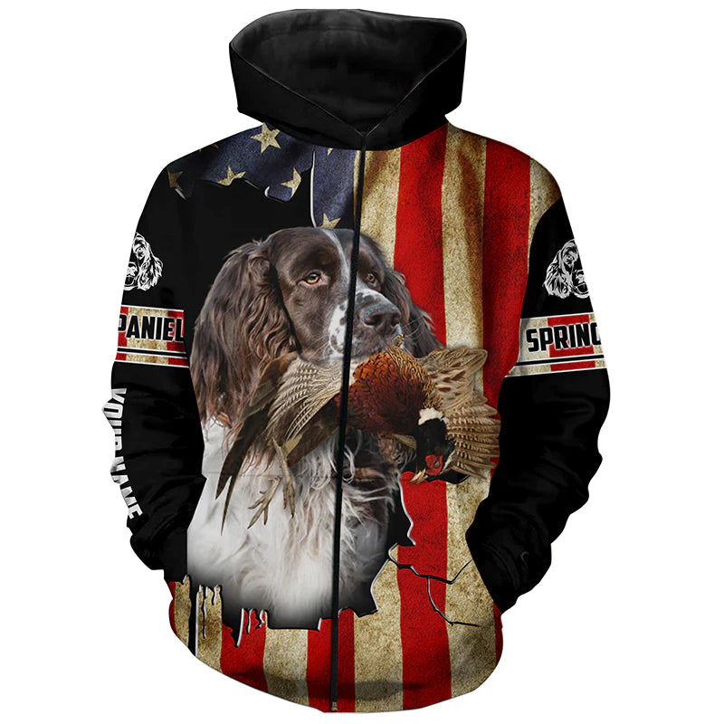 Springer Spaniel bird Dog Pheasant hunting American flag Customized Name Shirts, Hoodie FSD3806