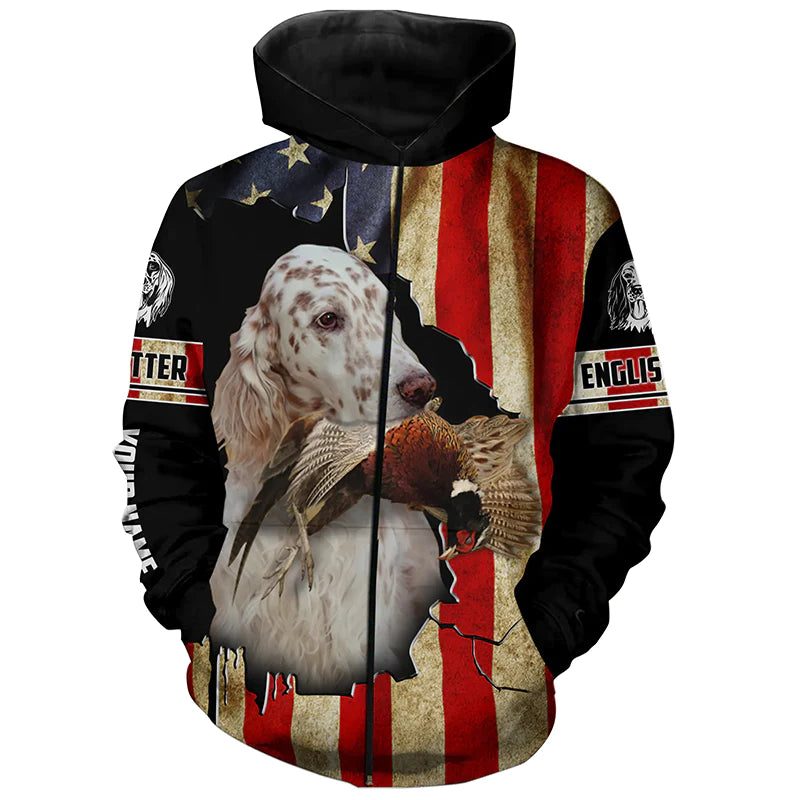 English Setter bird Dog Pheasant hunting American flag Customized Name Shirts, Hoodie FSD3807