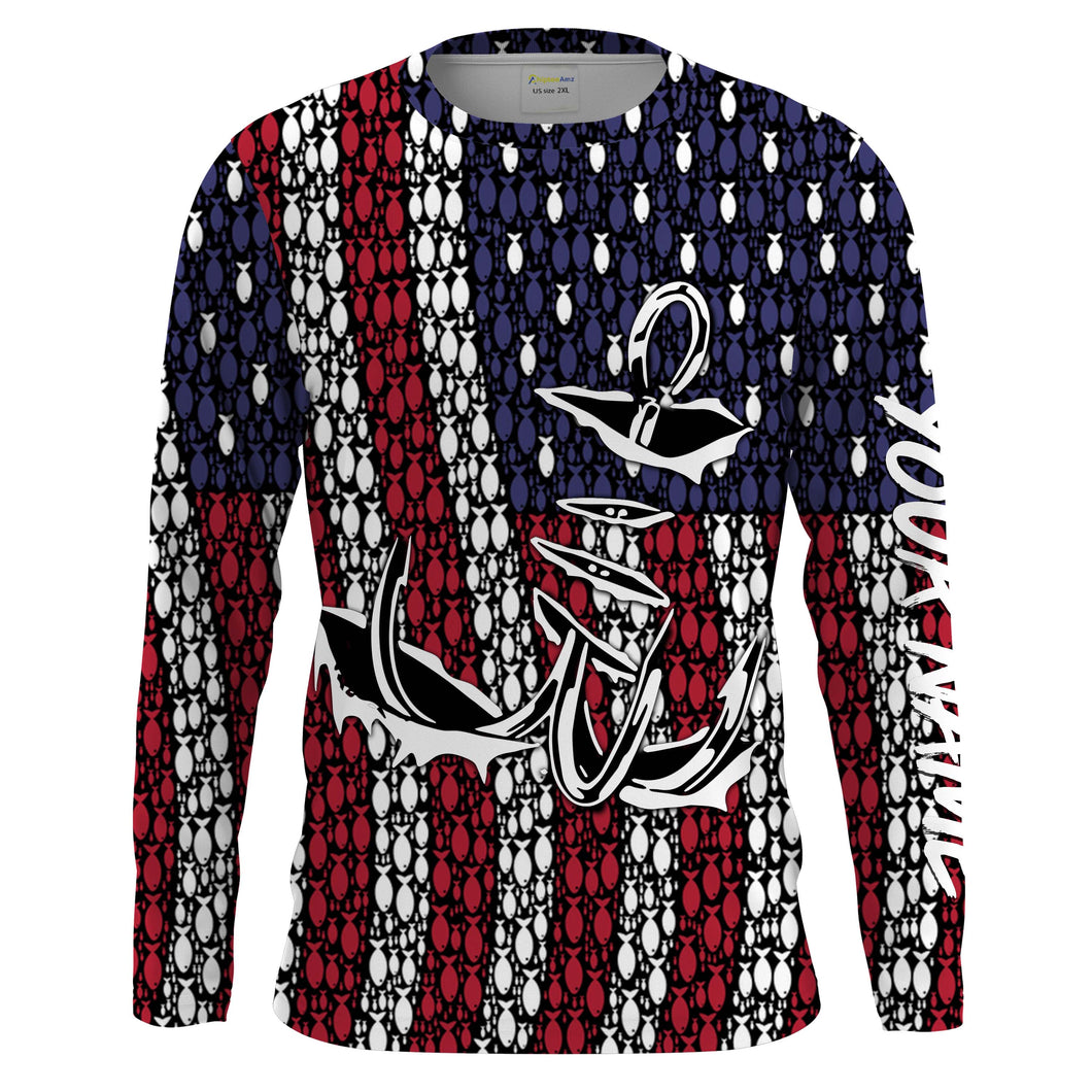 American Flag 3D Fish Hook Treble Hook Custom Name All Over Printed UV Protection Shirts Fishing Apparel Patriotic Gift FSD2015