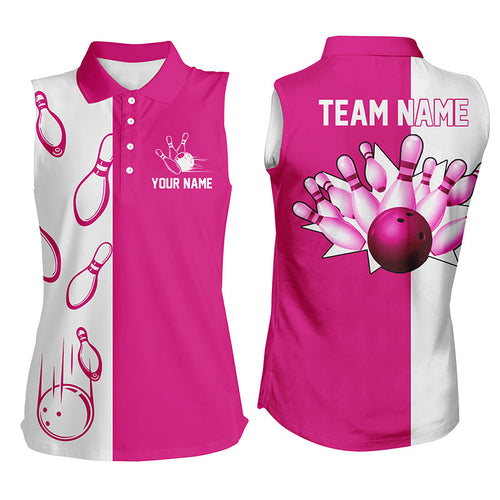 Pink and white retro vintage Bowling sleeveless polo shirts for women custom Bowling team jerseys NQS6655