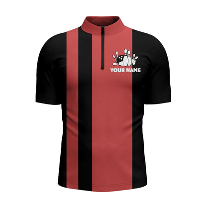 Custom Bowling Shirt for Men, Vintage Red&Black Bowling Quarter-Zip Shirt for Team Eat Sleep Bowl NBZ164