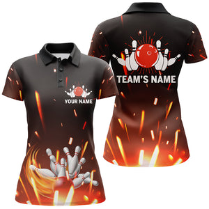 Personalized Women Polo Bowling Shirt Flame Bowling Ball and Pins Short Sleeve Polo for Women Bowler NBP06