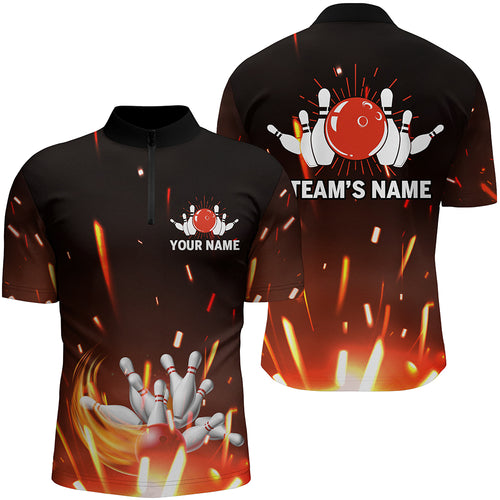 Personalized Bowling Shirt for Men, Flame Bowling Quarter-Zip Shirt for Team, Men Bowlers Jersey NBZ06