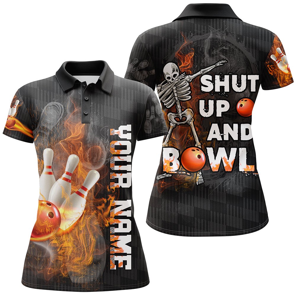 Shut Up and Bowl - Funny Bowling Shirt Women Polo Personalized Flame Skull Bowler Jersey NBP19