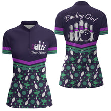 Load image into Gallery viewer, Women Bowling Shirt Personalized Name, Bowling Girl Purple Bowlers Jersey Quarter-Zip Short Sleeves NBZ34