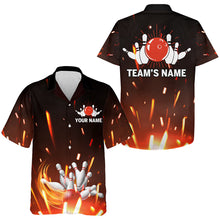 Load image into Gallery viewer, Personalized Hawaiian Bowling Shirt Flame Bowling Ball and Pins Short Sleeve Team Bowlers Jersey NBH06