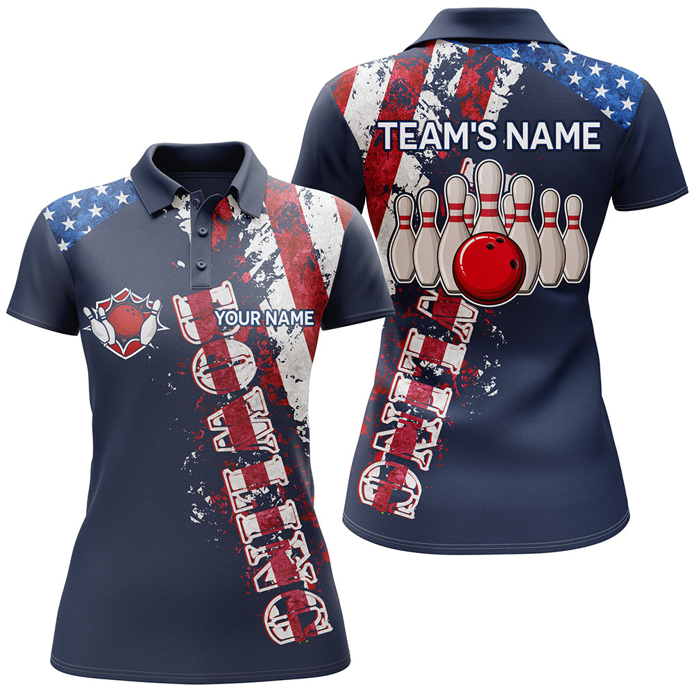 Patriotic Women's Polo Bowling Shirt, Custom Name Ladies Bowlers Jersey Short Sleeve American Flag NBP95