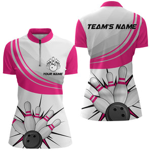 Pink Quarter-Zip Bowling Shirt for Women Personalized Ladies Bowlers Team Short Sleeves Jersey NBZ108