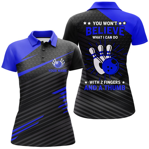 Funny Bowling Polo Shirt for Women Ladies Blue & Black Custom Bowling Jersey, 2 Fingers and A Thumb NBP168