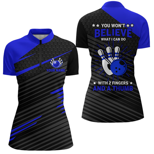 Funny Bowling Shirt for Women Ladies Blue&Black Custom Bowling Jersey Quarter-Zip 2 Fingers A Thumb NBZ168