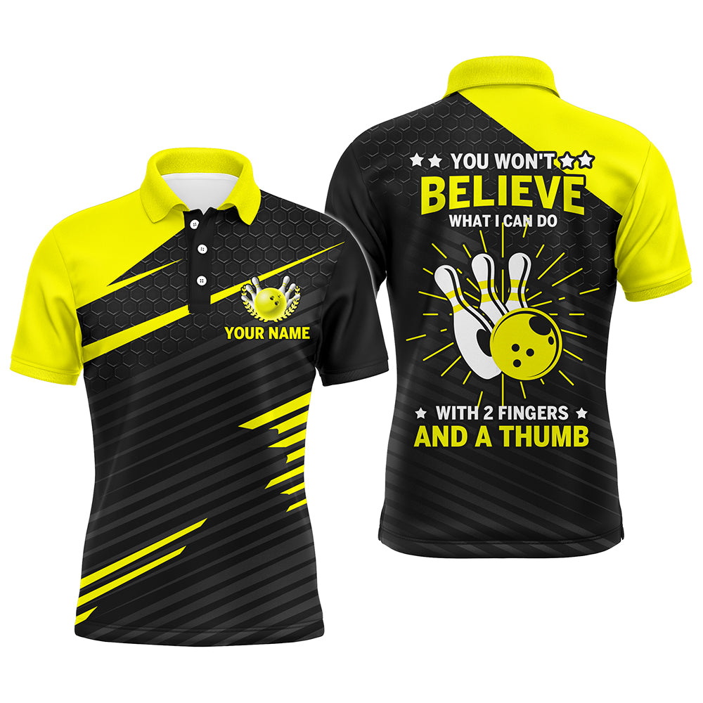 Funny Bowling Polo Shirt for Men, Yellow & Black Custom Bowling Jersey, 2 Fingers and A Thumb NBP170