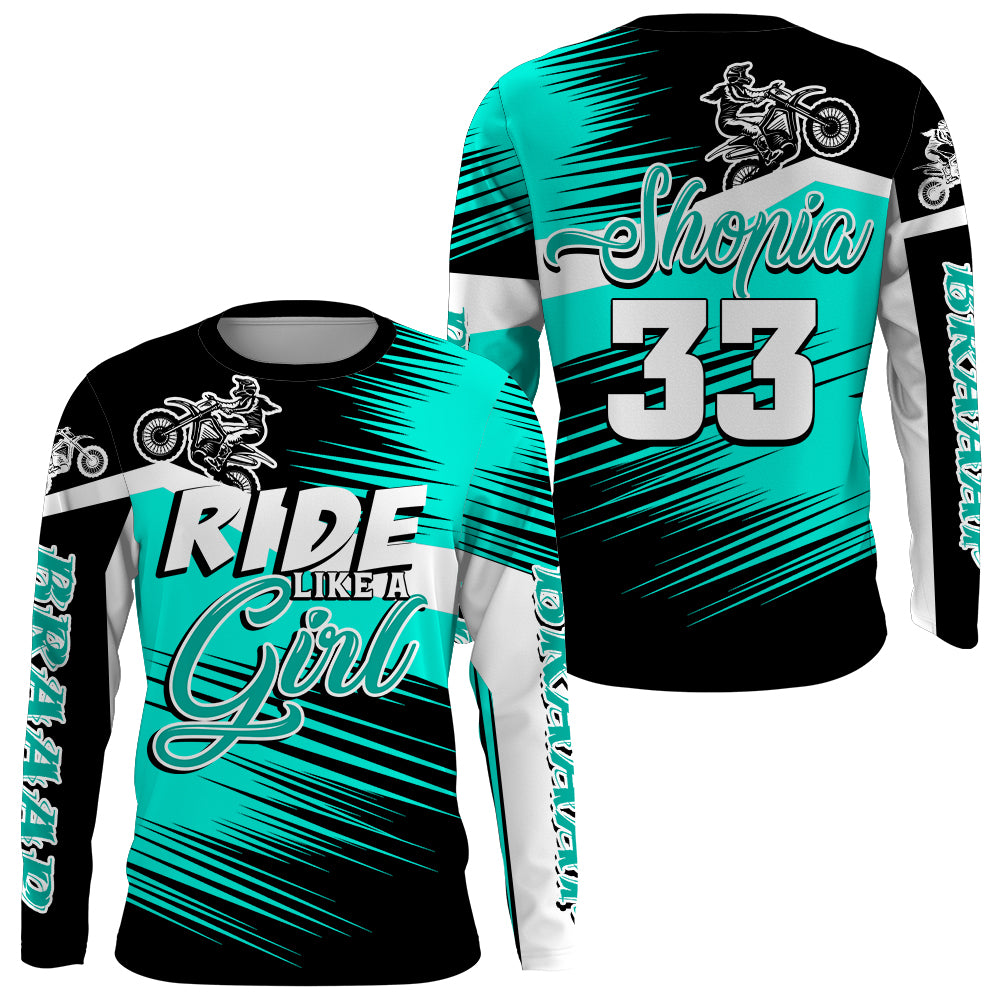 Ride Like A Girl Motocross Jersey Personalized UPF30+ Turquoise Dirt Bike Riding Shirt Women Girls NMS1448