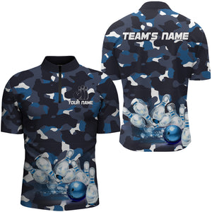 Blue Camo Bowling Men's Quarter-Zip Shirt, Custom Team Name Short Sleeve Men Bowling Jersey NBZ94