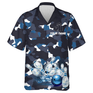 Blue Camo Hawaiian Bowling Shirt for Men Women, Custom Team Name Short Sleeve Bowlers Jersey NBH94