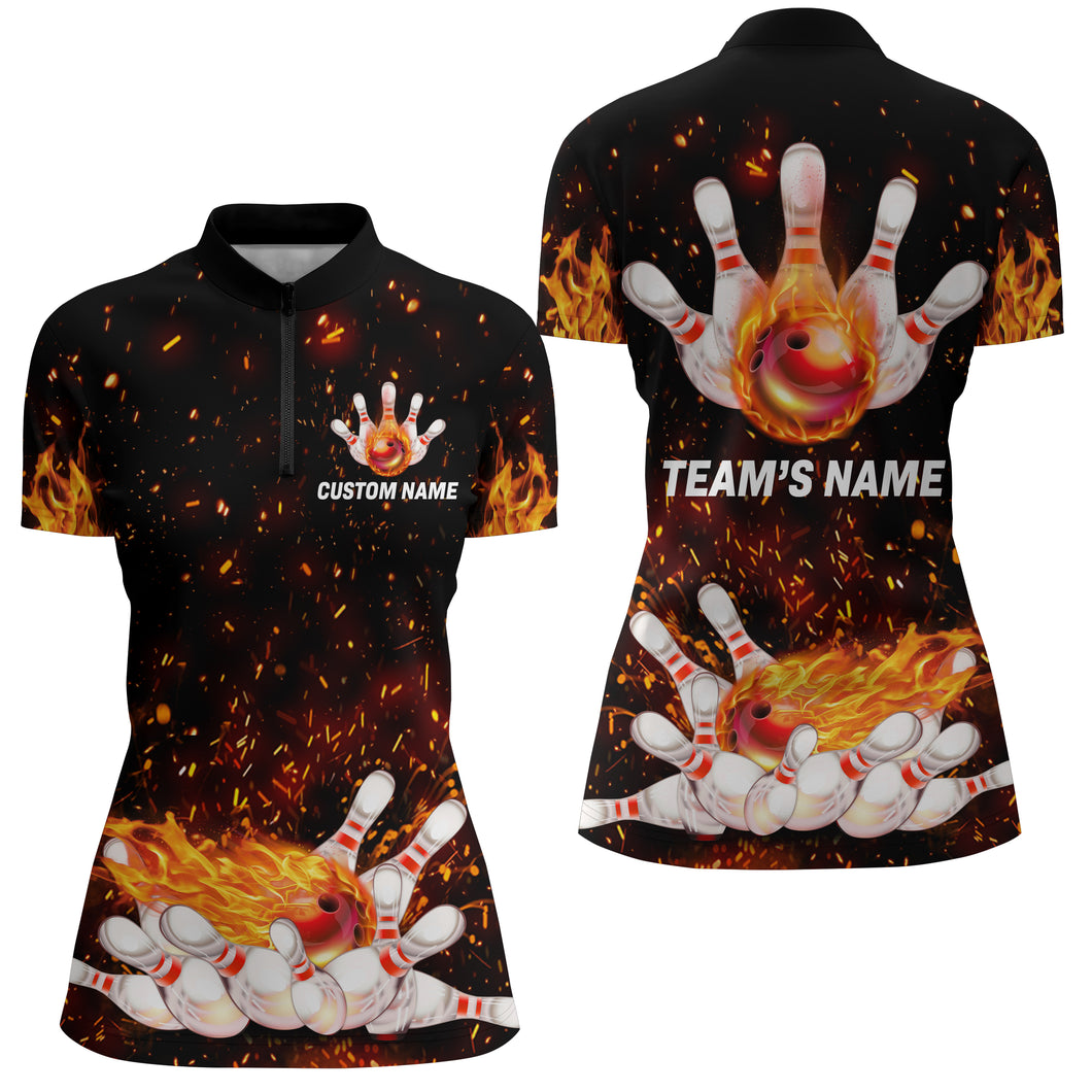 Flame Bowling Shirt for Women Quarter-Zip Shirt, Personalized Team Bowlers Jersey Short Sleeves NBZ66