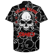 Load image into Gallery viewer, Personalized Flame Hawaiian Bowling Shirt, Men Women Skull Pins Black Bowlers Short Sleeve Jersey NBH02