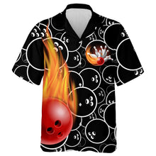 Load image into Gallery viewer, Personalized Flame Hawaiian Bowling Shirt, Men Women Skull Pins Black Bowlers Short Sleeve Jersey NBH02