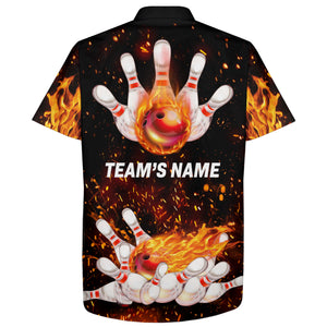 Flame Hawaiian Bowling Shirt, Personalized Team Bowlers Jersey Short Sleeve Button Down Fire Bowling NBH65