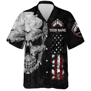 Men Women Skull Hawaiian Bowling Shirt, Patriotic Custom Name Black Bowlers Jersey American Flag NBH93