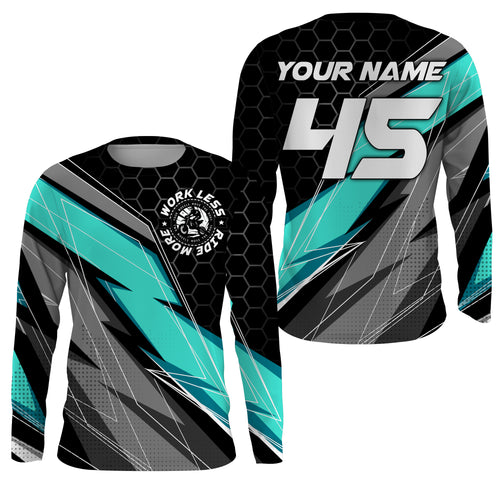 Turquoise Custom Motocross Jersey UPF30+ Work Less Ride More Dirt Bike Racing Shirt Kid Adult NMS1443