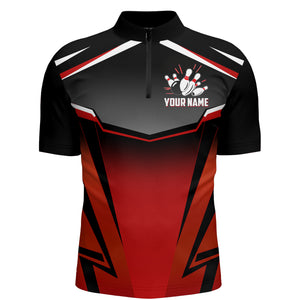 Custom Bowling Shirt for Men, Kingpins Red Quarter-Zip Bowling Shirt with Name, Men Bowlers Jersey NBZ180
