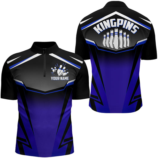 Custom Bowling Shirt for Men, Kingpins Blue Quarter-Zip Bowling Shirt with Name, Men Bowlers Jersey NBZ181
