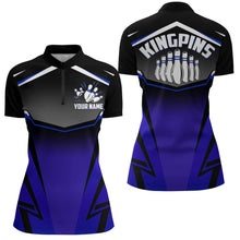 Load image into Gallery viewer, Custom Bowling Shirt for Women Kingpins Blue Quarter-Zip Bowling Shirt with Name Ladies Bowl Jersey NBZ181