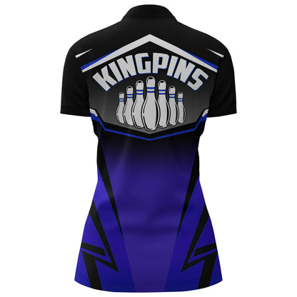 Custom Bowling Shirt for Women Kingpins Blue Quarter-Zip Bowling Shirt with Name Ladies Bowl Jersey NBZ181