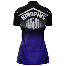 Load image into Gallery viewer, Custom Bowling Shirt for Women Kingpins Blue Quarter-Zip Bowling Shirt with Name Ladies Bowl Jersey NBZ181