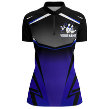 Load image into Gallery viewer, Custom Bowling Shirt for Women Kingpins Blue Quarter-Zip Bowling Shirt with Name Ladies Bowl Jersey NBZ181