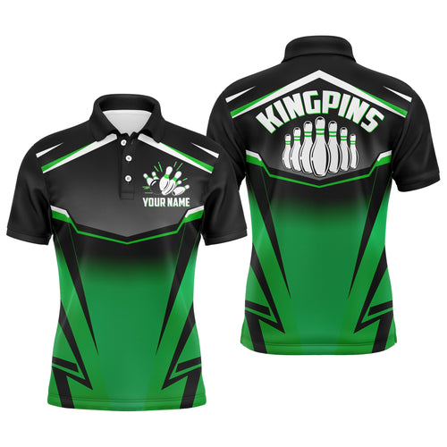 Custom Bowling Shirt for Men Kingpins Green Polo Bowling Shirt with Name, Men Bowlers Jersey League NBP182